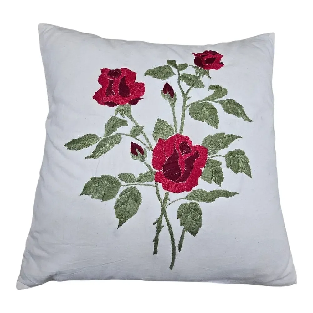 Vintage Embroidered Rose Pillow 15.5